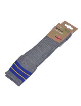 Grey socks with blue and yellow trim